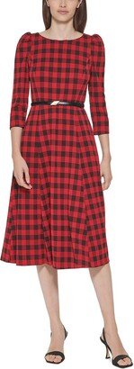 Petites Womens Plaid Knee Midi Dress