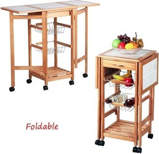 Folding Rolling Wood Trolley Island Kitchen Cart w/2 Baskets&1 Drawer