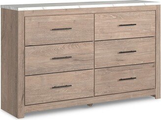 59 Inch Modern Wide Dresser, Light Brown Wood, 6 Drawers, Linear Handles