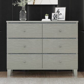 TOSWIN Elegant Champagne Silver 6-Drawer Dresser, Crystal Handle, Metal Slides