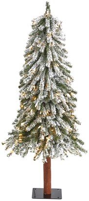 Flocked Grand Alpine Artificial Christmas Tree with Lights and Bendable Branches On Natural Trunk, 48 - White, Green