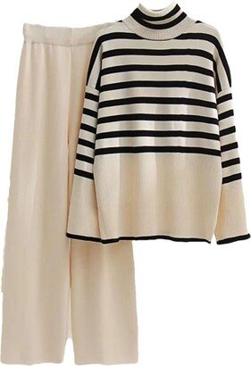Fjnbbiot Turtleneck Stripe Stitching Sweater Loose Wide Leg Pants Knitted 2 Piece Sets Womens Winter Thick Warm Casual 2 Piece fwhite M