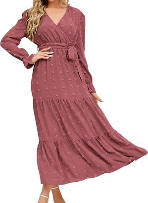 Generic Women's V Neck Long Sleeve Boho Maxi Dress 2023 Fall Wedding Guest Long Flowy Engagement Dresses Polka Dot Dresses Trendy Wedding Guest Dresse Sbohemian Dresses for Women 2023