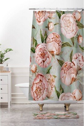 UtArt Peach Peonies Watercolor Pattern on Teal Sepia Memory Foam Bath Mat Green