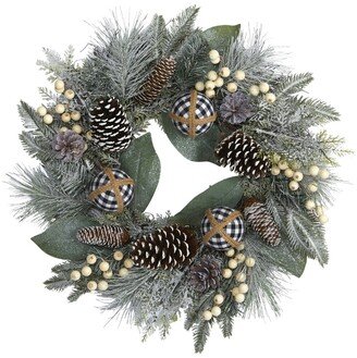 Snow Tipped Holiday Artificial Wreath with Berries, Pine Cones and Ornaments