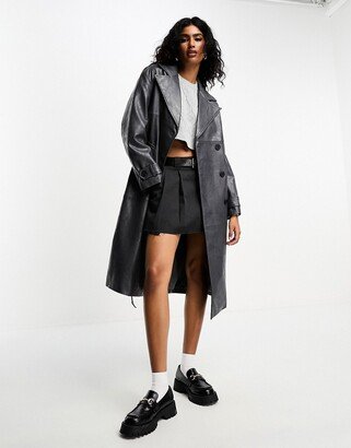 worn faux leather trench coat in washed gray