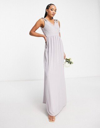 wrap front chiffon maxi dress with embellished shoulder detail in gray