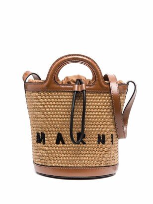 Logo-Embroidered Raffia Bucket Bag