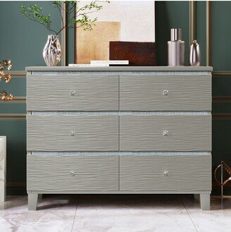 Cassio 47.3W x 15.4D x 35.6”H Silver Horizontal Dressers 6 Drawers Metal Slides Crystal Handle With Rubber Wood Legs Accent Cabinet-Maison Boucle