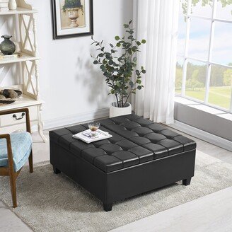 TONWIN Square Faux Leather Storage Ottoman Coffee table Black