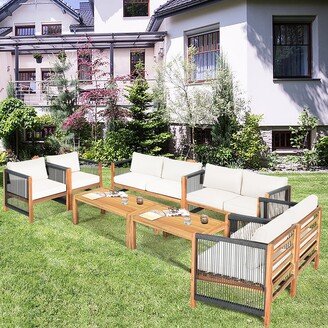 8PCS Wooden Patio Furniture Set Cushioned Sofa W/Rope Armrest