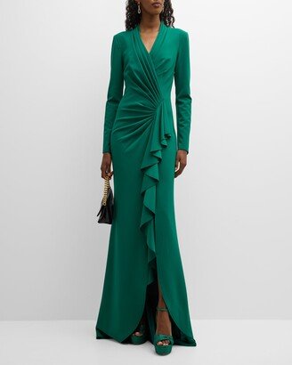 Pleated Long-Sleeve Ruffle Crepe Gown