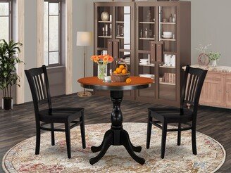 3 Piece Dining Furniture Set- a Round Dining Table with Pedestal and 2 Wood Seat Chairs, Black & Cherry