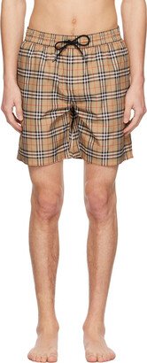 Beige Check Drawcord Swim Shorts