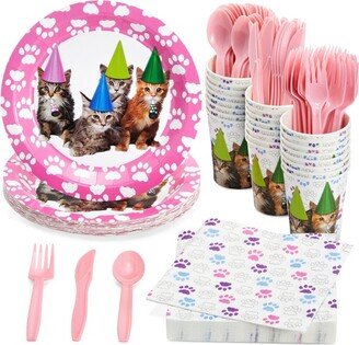 Juvale 144-Pieces of Kitten Party Supplies with Cat Birthday Paper Plates, Napkins, Cups, and Cutlery, Serves 24