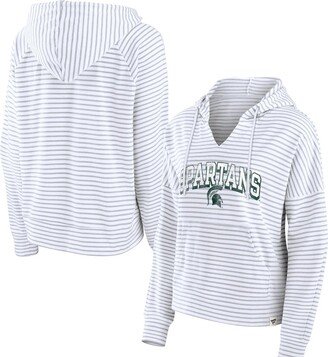 Women's Branded White Michigan State Spartans Striped Notch Neck Pullover Hoodie