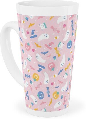 Mugs: Pastel Halloween Happy Ghosts And Candy Corn Tall Latte Mug, 17Oz, Pink