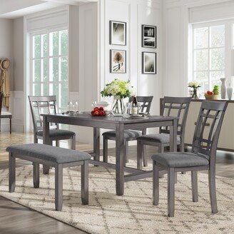 EDWINRAYLLC 6 Piece Wooden Dining Table set, Kitchen Table set with 4 Chairs and Bench, Farmhouse Rustic Style,Antique Graywash