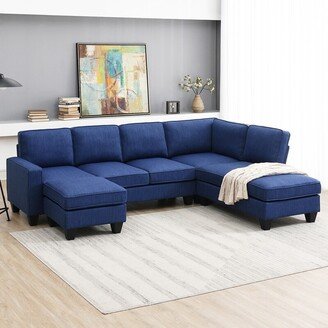 Sunmory L-Shaped Sectional Sofa, Modern 7-Seat Linen Fabric Couch Set with Chaise Lounge and Convertible Ottoman for Living Room