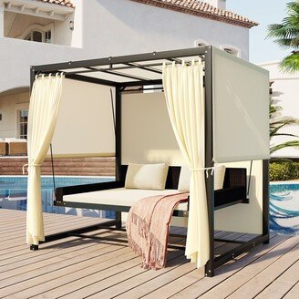 RASOO 2-3 People Outdoor Upholstered Swing Bed, Patio Swings with Adjustable Curtains-AA