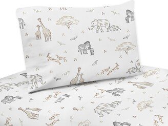 Jungle Safari Animals Twin Sheet Set Taupe Black and White Gender Neutral Elephant Giraffe Wildlife Adventure Zebra Serengeti