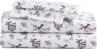 Woodland Friends Cotton Flannel 4-Piece Full Sheet Set - White, Blue