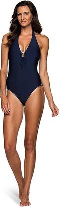 Plunge Tortoise / Shell One-Piece (Navy) Women's Swimsuits One Piece