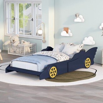 Calnod Race Car-Shaped Twin Size Platform Bed with Wheels for Kids Bedroom-AA