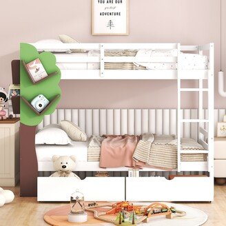 GREATPLANINC Twin Over Twin Bunk Bed Wood Bunk Bed Frame with Storage & Tree Decor