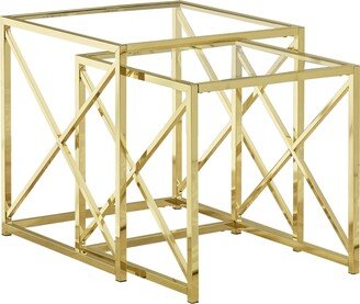 Monarch Specialties Tempered Glass 2 Pcs Set Nesting Table in Gold