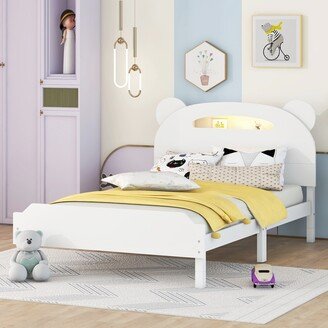 Aoolive Twin Size Wood Platform Bed with Bear-shaped Headboard, Kid's Bed with Motion Activated Night Lights, Twin Bed Frame