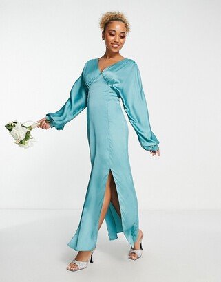 satin maxi dress with kimono sleeves in dark sage