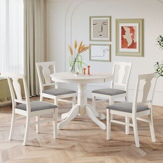 Aoolive Mid-Century Wood 5-Piece Dining Table Set, Round Kitchen Set with 4 Upholstered Dining Chairs for Small Places,