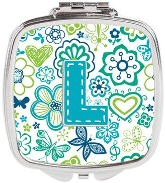 CJ2006-LSCM Letter L Flowers & Butterflies Teal Blue Compact Mirror