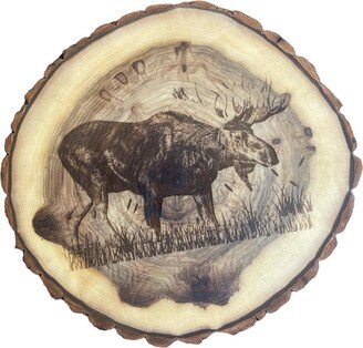 Rustic Bull Moose in A Bog Lazy Susan Log Slice With Bark, Turn Table Smooth Ball Bearing Action, Engraving Option