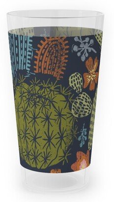 Outdoor Pint Glasses: Cactus Garden - Block Print Style - Dark Outdoor Pint Glass, Green