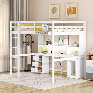 Joliwing Full Size Kid Loft Bed, Loft Bed With Multi-Storage Desk And Charging Station,White