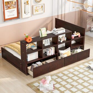 EDWINRAY Minimalist Style Twin Size Platform Bed with Drawers & Shelves, Versatile Solid Pine Wood Bed Frame with Headboard & Footboard