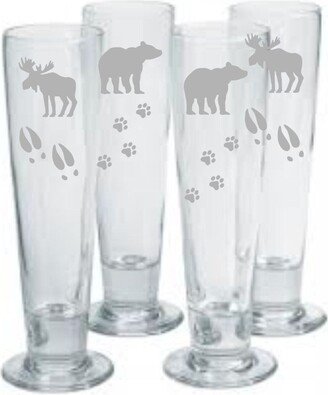 Bear & Moose Set Of 4 Choice Pilsner, Beer Mug, Pub, Wine Glass, Coffee Rocks, Water Glass Sand Carved | Sandblasted