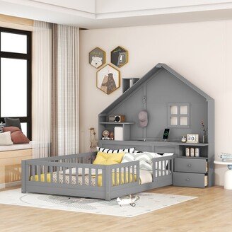 Joliwing Full Size House Kid Bed,Floor Bed with Drawers/Sockets/USB Port,Grey
