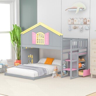 BESTCOSTY Twin over Full House Bunk Bed with Staircase, Drawer and Shelves
