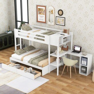 EDWINRAY Twin Over Full Bunk Bed with L-Shaped Desk & 2 Drawers,Cabinets,Shelves,Guardrails,Magazine Holder,Sturdy Wood Frame, White
