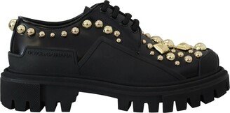 Black Leather Trekking Derby Embellished Women's Shoes-AA