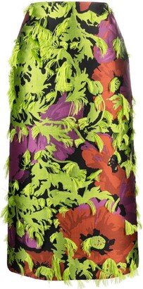 Floral Pattern-Jacquard Frayed Midi Skirt