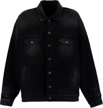 Oversized Black Jacket with Branded Button in Cotton Denim Man