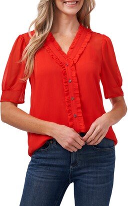 Ruffle Detail Puff Sleeve Chiffon Blouse