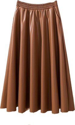 Pulcykp Black Elastic Waist PU Skirts Women Autumn Winter Fashion A-Line Pocket Long Pleated Skirts Coffee 4XL