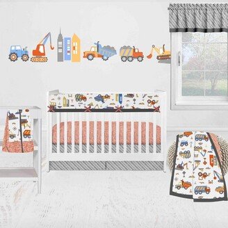 Construction Yellow Orange Blue Gray 6 pc Crib Bedding Set with Long Rail Guard Cover