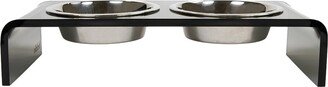 Hiddin Small Smoke Grey Double Bowl Pet Feeder With Silver Bowls-AA