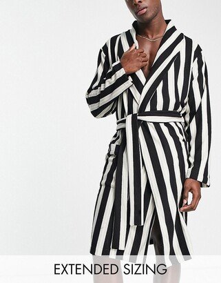 lounge robe in striped fleece in white, gray and navy